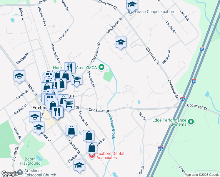 map of restaurants, bars, coffee shops, grocery stores, and more near 26 Fuller Road in Foxborough