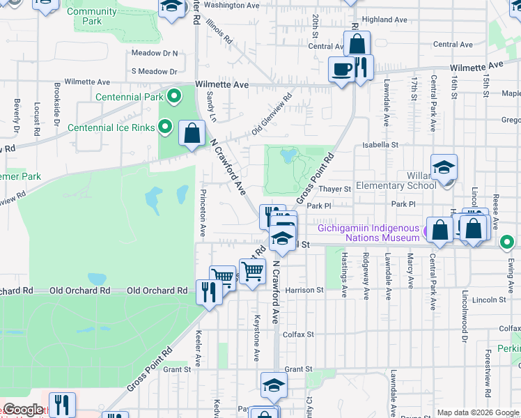 map of restaurants, bars, coffee shops, grocery stores, and more near 2652 Crawford Avenue in Evanston