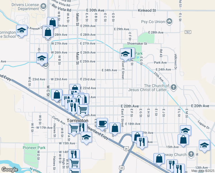 map of restaurants, bars, coffee shops, grocery stores, and more near 499 East 22nd Avenue in Torrington
