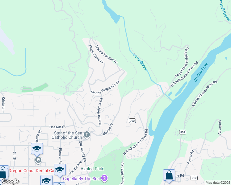 map of restaurants, bars, coffee shops, grocery stores, and more near 1038 Marina Heights Road in Brookings