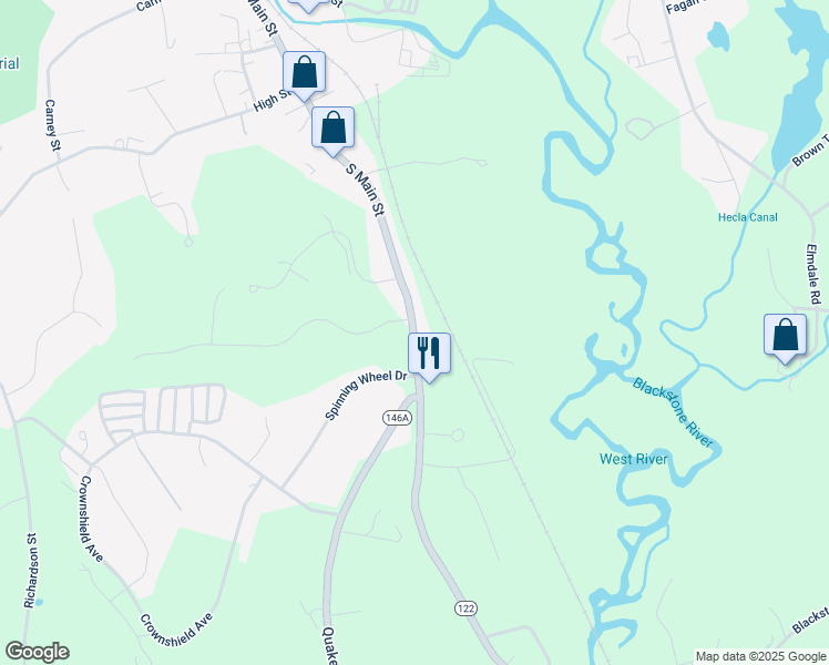 map of restaurants, bars, coffee shops, grocery stores, and more near 210 South Main Street in Uxbridge