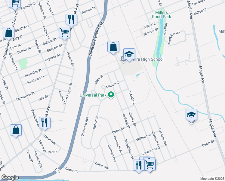 map of restaurants, bars, coffee shops, grocery stores, and more near 202-208 Robert St in Elmira