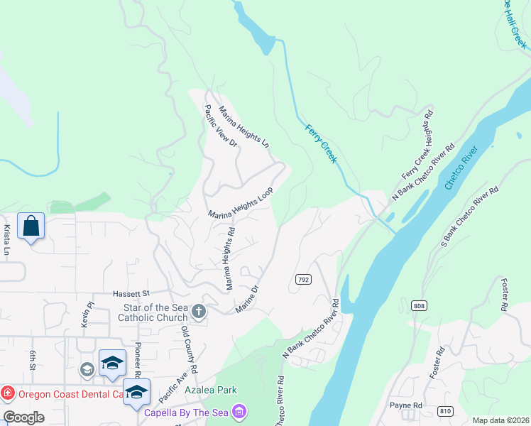 map of restaurants, bars, coffee shops, grocery stores, and more near 1038 Marina Heights Road in Brookings
