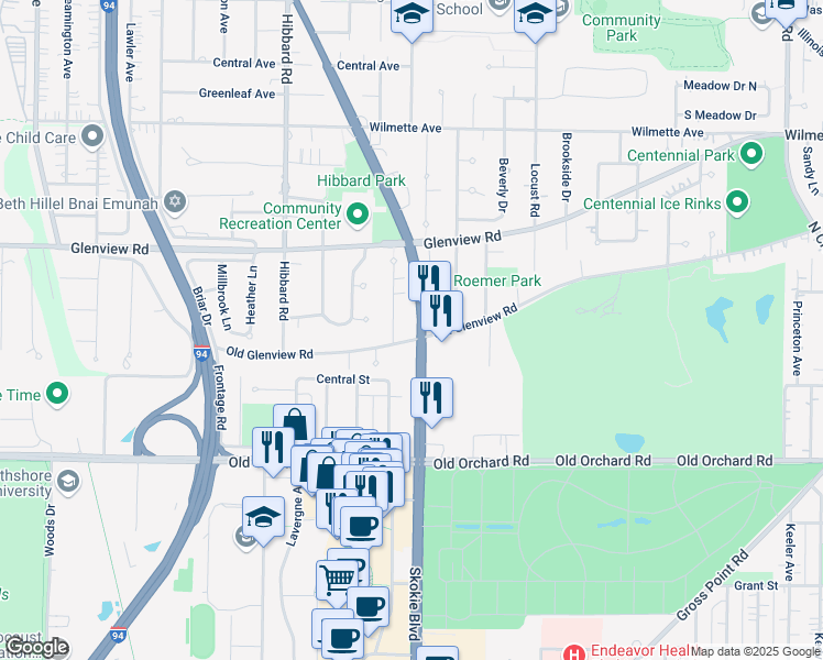 map of restaurants, bars, coffee shops, grocery stores, and more near 139 Skokie Boulevard in Wilmette