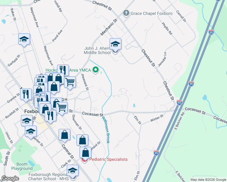 map of restaurants, bars, coffee shops, grocery stores, and more near 19 Fuller Road in Foxborough