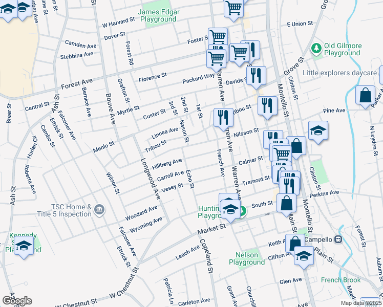 map of restaurants, bars, coffee shops, grocery stores, and more near 76 Hillberg Avenue in Brockton