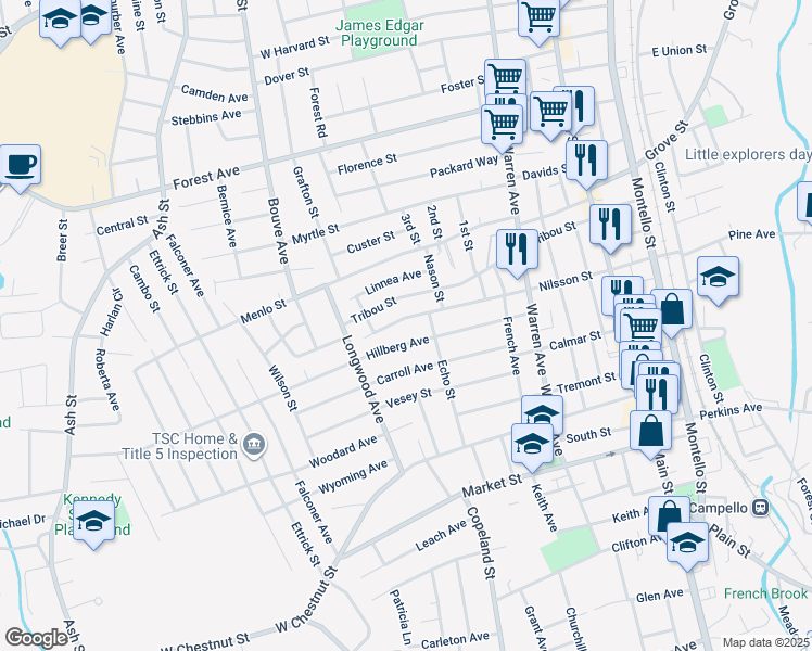 map of restaurants, bars, coffee shops, grocery stores, and more near 105 Hillberg Avenue in Brockton