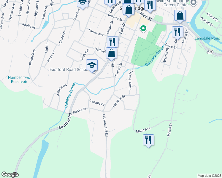 map of restaurants, bars, coffee shops, grocery stores, and more near 380 Elm Street in Southbridge