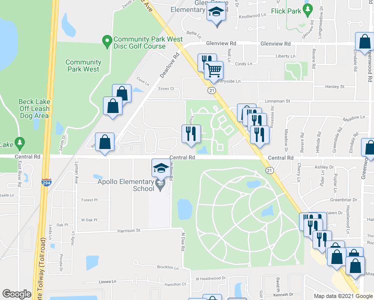 map of restaurants, bars, coffee shops, grocery stores, and more near 4152 Central Road in Glenview