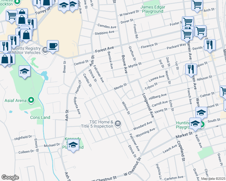 map of restaurants, bars, coffee shops, grocery stores, and more near 278 Menlo Street in Brockton
