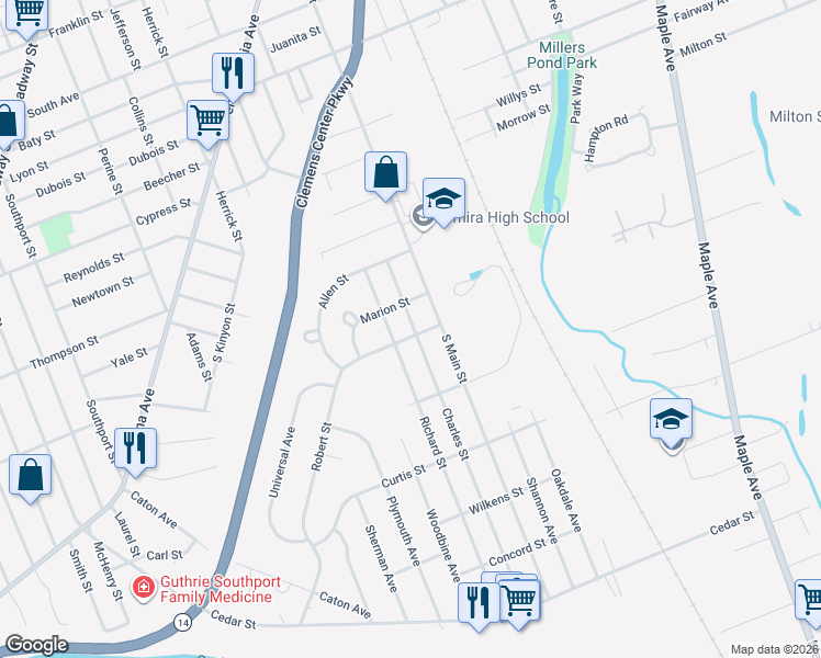 map of restaurants, bars, coffee shops, grocery stores, and more near 202 Robert Street in Elmira
