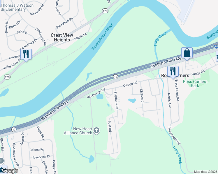 map of restaurants, bars, coffee shops, grocery stores, and more near 353 Old Owego Road in Apalachin