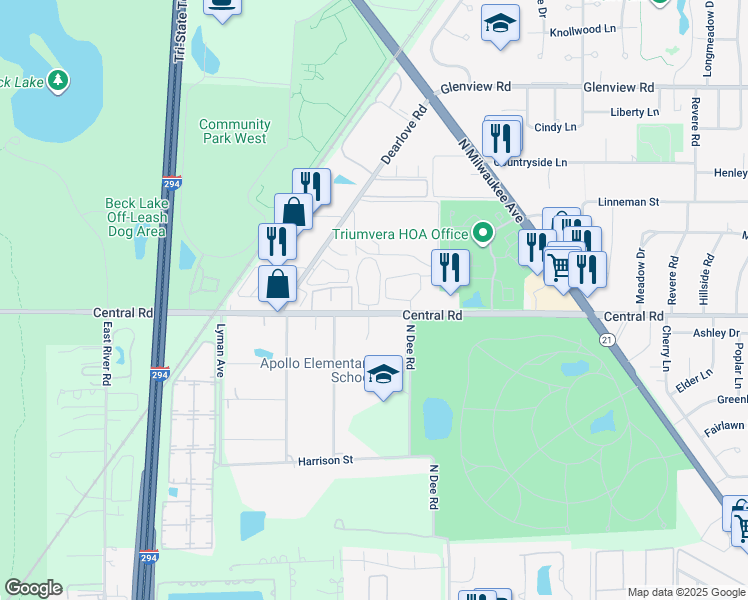 map of restaurants, bars, coffee shops, grocery stores, and more near 601 Quincy Bridge Lane in Glenview