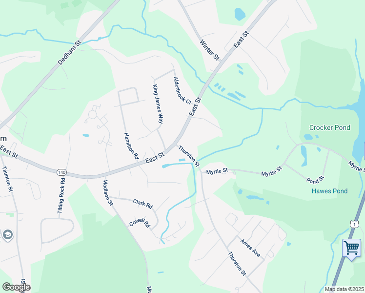 map of restaurants, bars, coffee shops, grocery stores, and more near 370 East Street in Wrentham