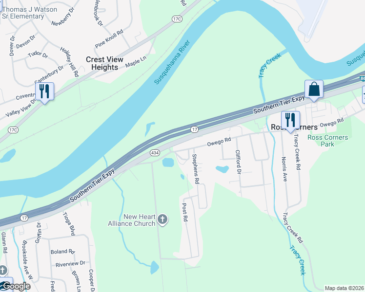 map of restaurants, bars, coffee shops, grocery stores, and more near 220-298 Old Owego Rd in Apalachin