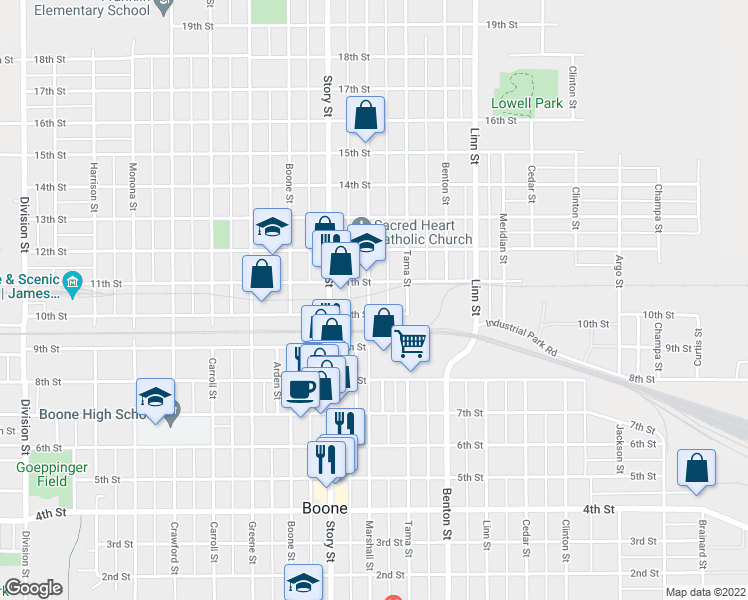 map of restaurants, bars, coffee shops, grocery stores, and more near 1016 Marshall Street in Boone