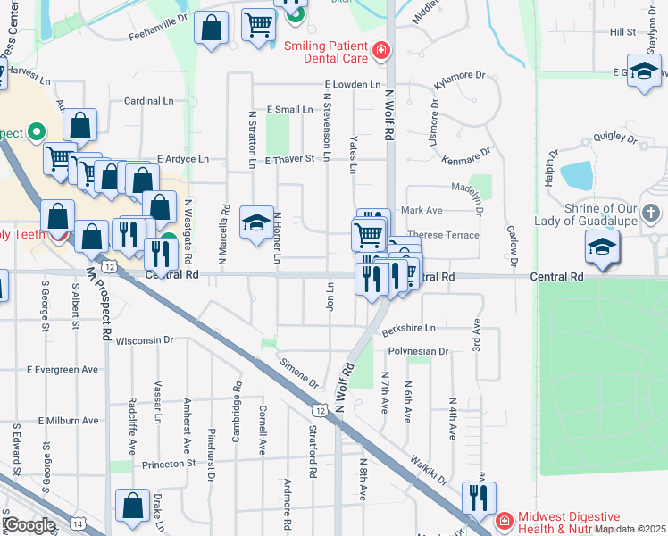 map of restaurants, bars, coffee shops, grocery stores, and more near 1 North Stevenson Lane in Mount Prospect