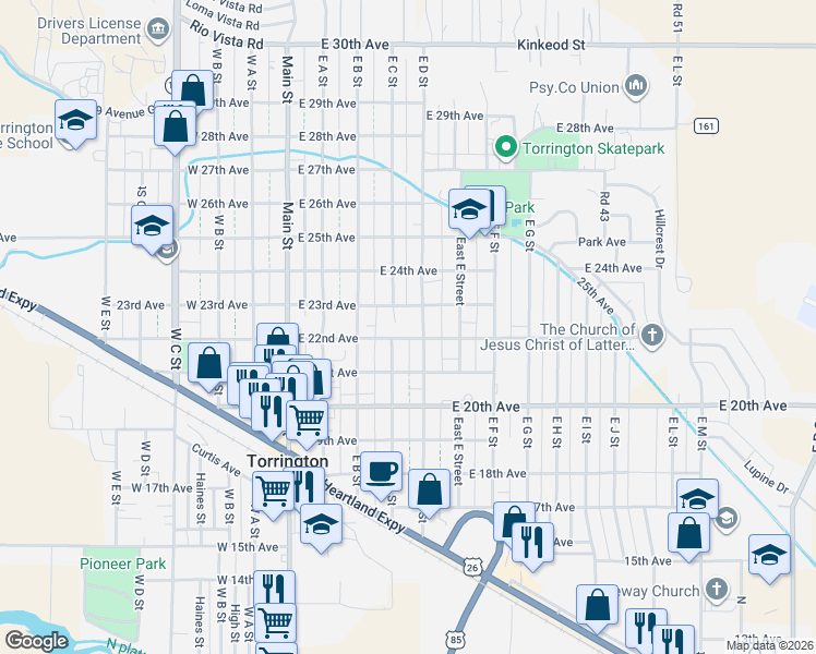 map of restaurants, bars, coffee shops, grocery stores, and more near 499 East 22nd Avenue in Torrington