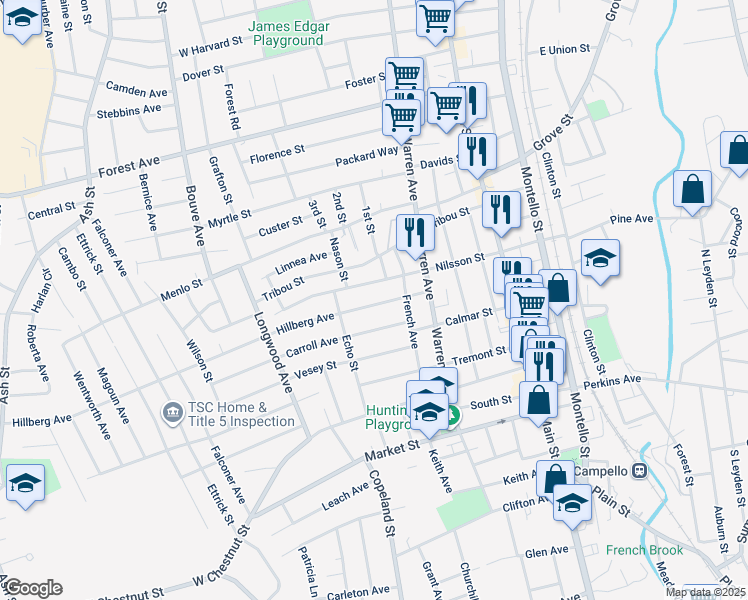 map of restaurants, bars, coffee shops, grocery stores, and more near 51 Hillberg Avenue in Brockton