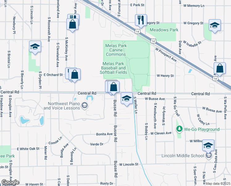 map of restaurants, bars, coffee shops, grocery stores, and more near W Central Rd & Busse Rd in Mt Prospect