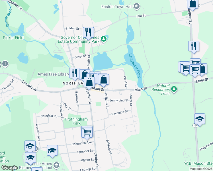 map of restaurants, bars, coffee shops, grocery stores, and more near 9 Mechanic Street in Easton