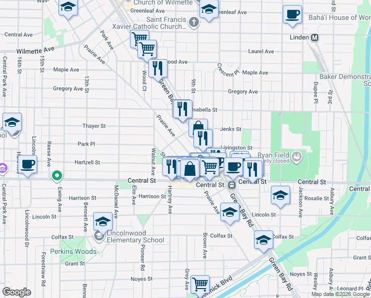 map of restaurants, bars, coffee shops, grocery stores, and more near 2666 Prairie Avenue in Evanston
