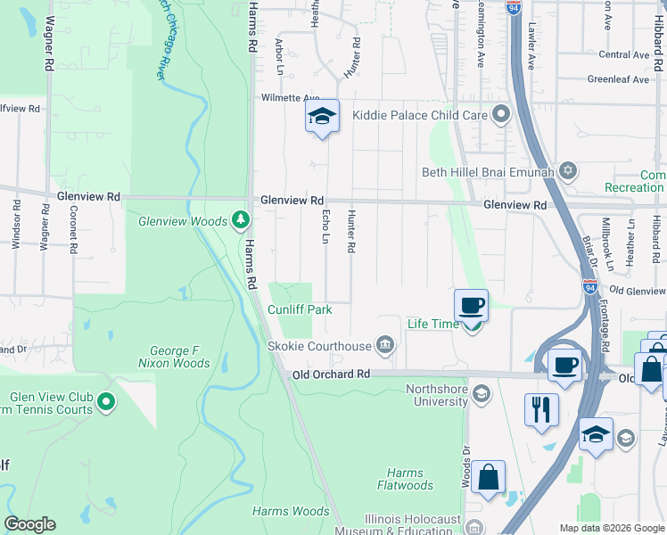 map of restaurants, bars, coffee shops, grocery stores, and more near 616 Echo Lane in Glenview