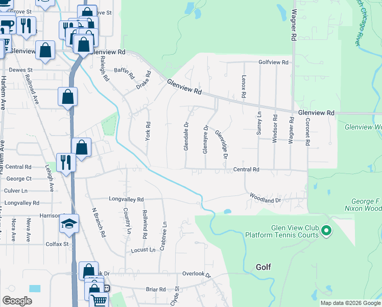 map of restaurants, bars, coffee shops, grocery stores, and more near 612 Glendale Drive in Glenview