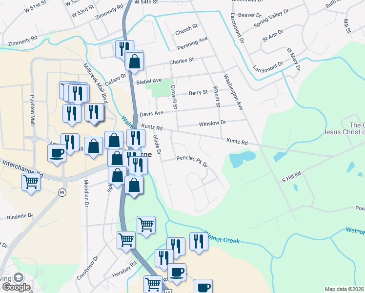map of restaurants, bars, coffee shops, grocery stores, and more near 1711 Kuntz Road in Erie