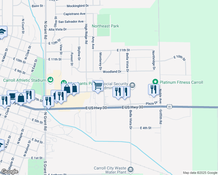 map of restaurants, bars, coffee shops, grocery stores, and more near 822 Monterey Drive in Carroll