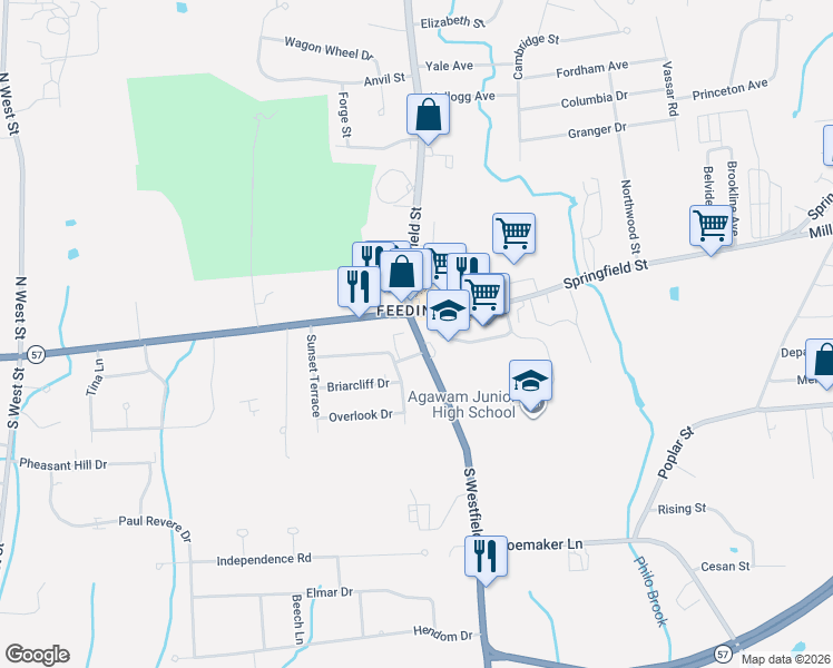 map of restaurants, bars, coffee shops, grocery stores, and more near 15 South Westfield Street in Agawam