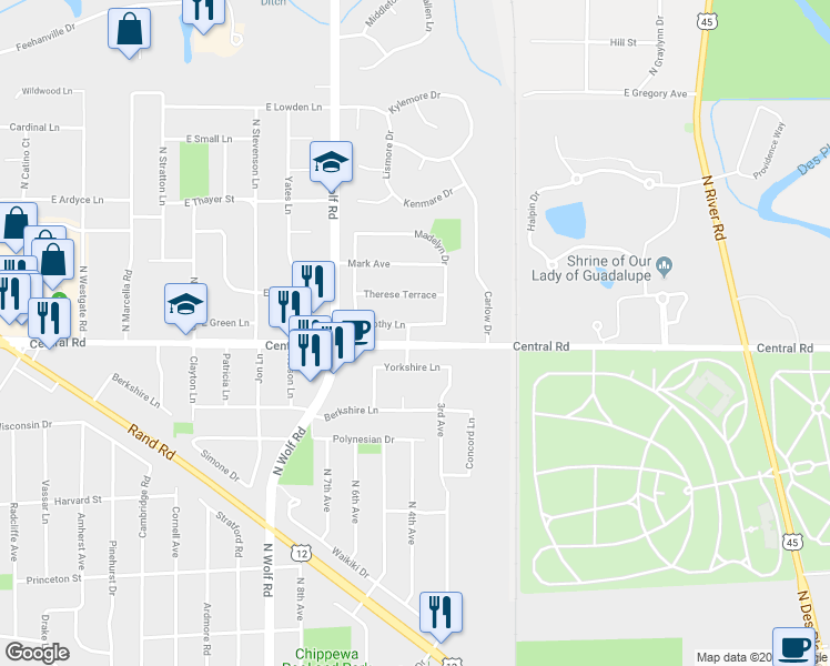 map of restaurants, bars, coffee shops, grocery stores, and more near 713 Timothy Lane in Des Plaines