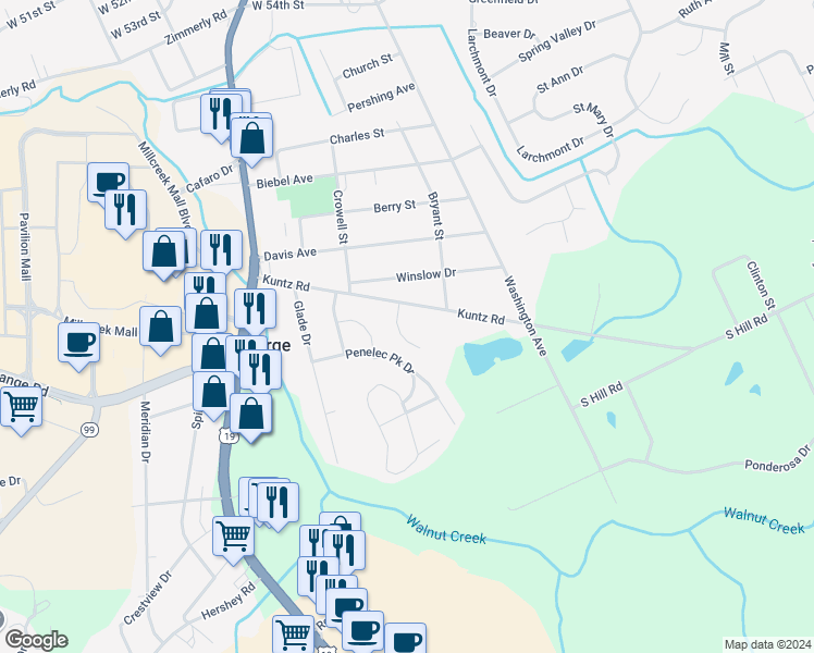 map of restaurants, bars, coffee shops, grocery stores, and more near 5951 Pinecrest Drive in Erie