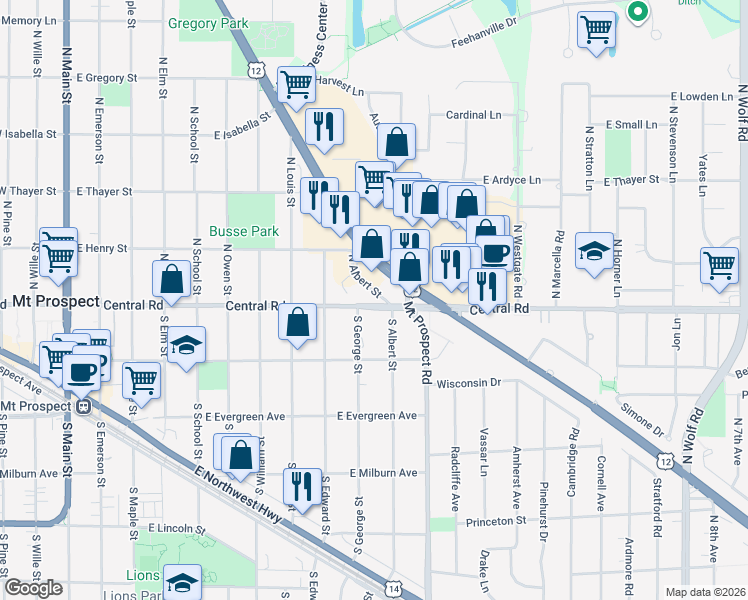 map of restaurants, bars, coffee shops, grocery stores, and more near 908 East Central Road in Mount Prospect