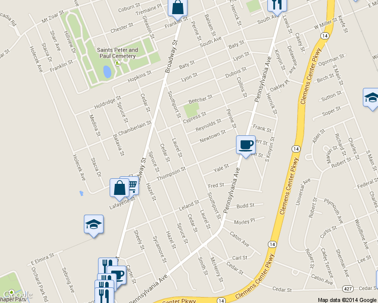 map of restaurants, bars, coffee shops, grocery stores, and more near 774 Southport Street in Elmira