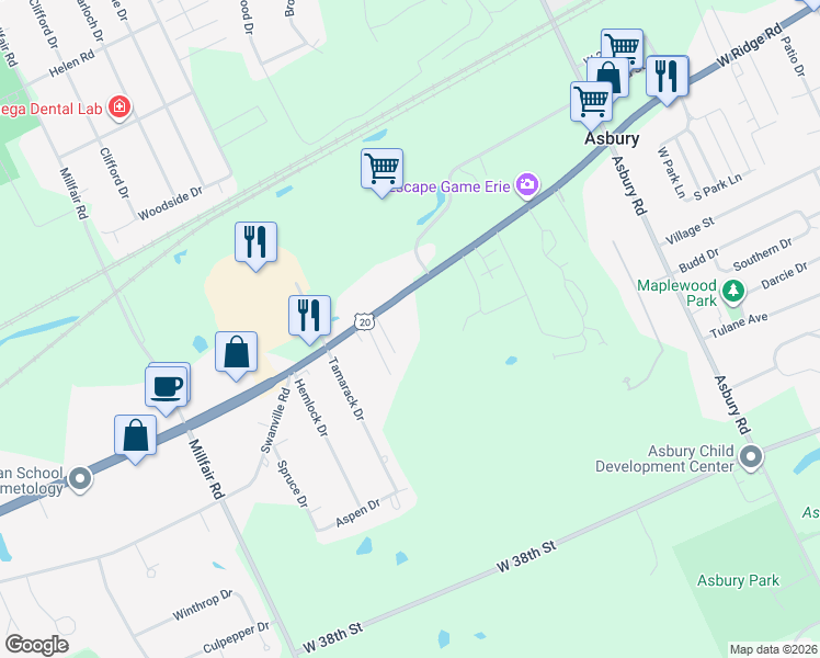 map of restaurants, bars, coffee shops, grocery stores, and more near 5125 West Ridge Road in Erie
