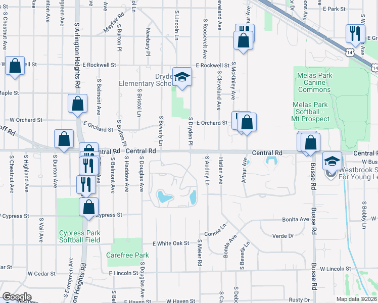 map of restaurants, bars, coffee shops, grocery stores, and more near East Central Road in Arlington Heights