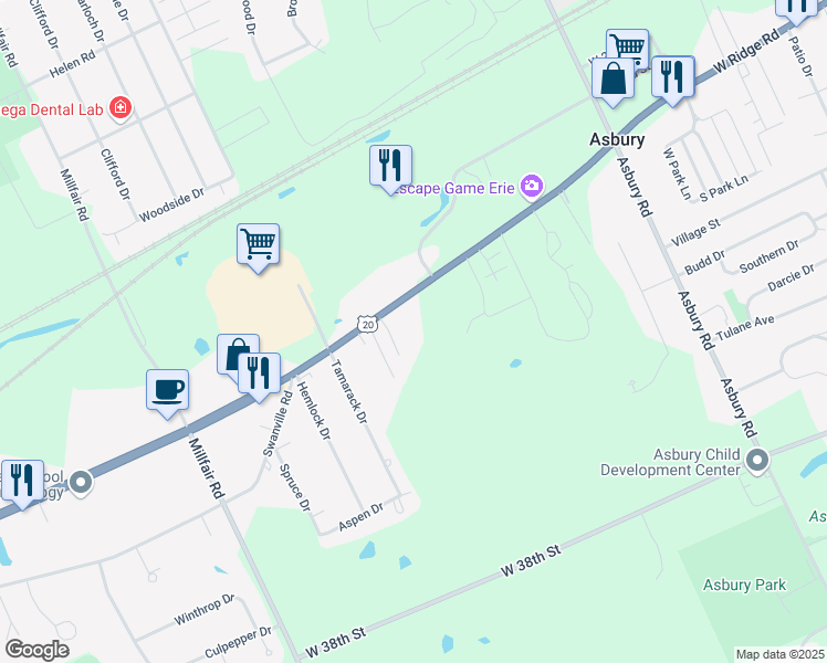 map of restaurants, bars, coffee shops, grocery stores, and more near 5125 West Ridge Road in Erie