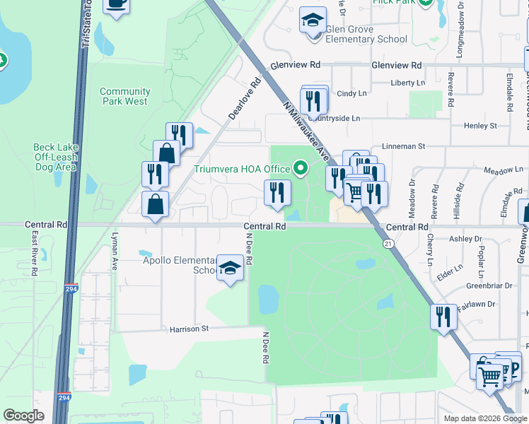 map of restaurants, bars, coffee shops, grocery stores, and more near 4152 Central Road in Glenview