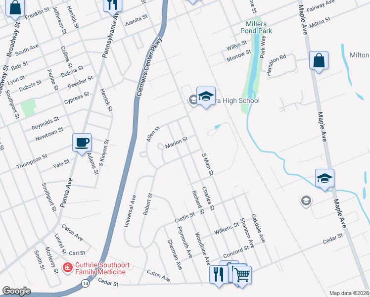 map of restaurants, bars, coffee shops, grocery stores, and more near 202-208 Robert St in Elmira