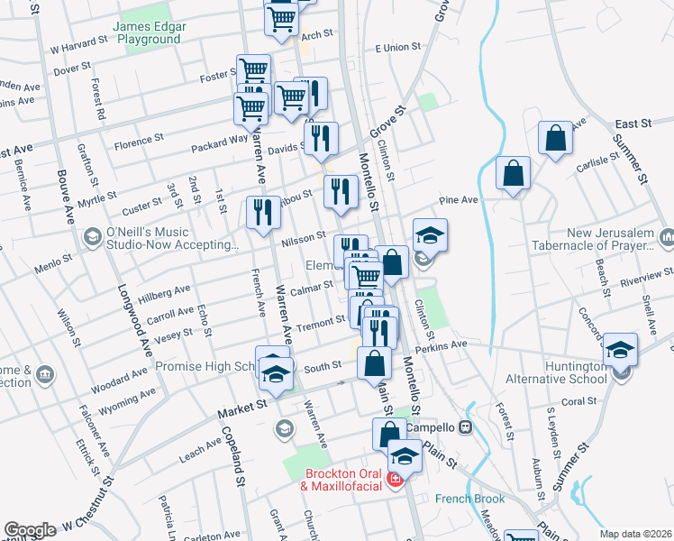 map of restaurants, bars, coffee shops, grocery stores, and more near 84 Denton Street in Brockton
