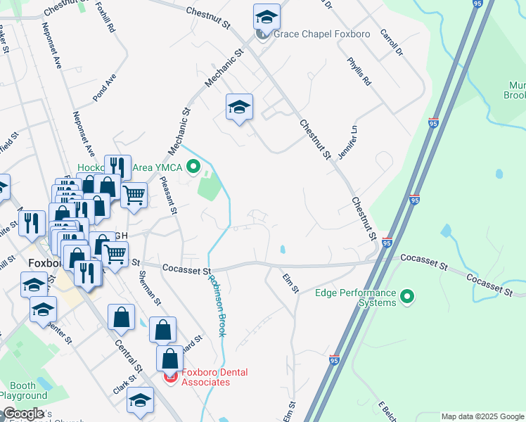 map of restaurants, bars, coffee shops, grocery stores, and more near 17 Fuller Road in Foxborough