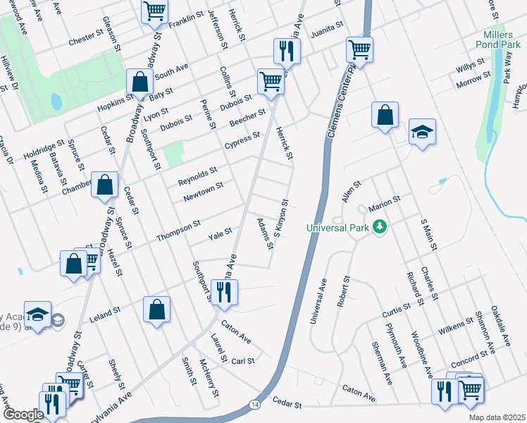 map of restaurants, bars, coffee shops, grocery stores, and more near 455 Ralph Street in Elmira