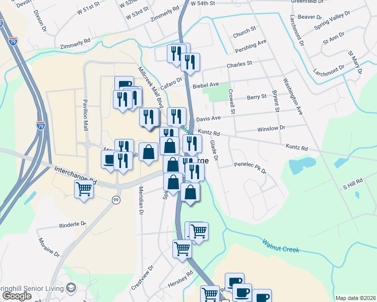 map of restaurants, bars, coffee shops, grocery stores, and more near Access Rd in Erie