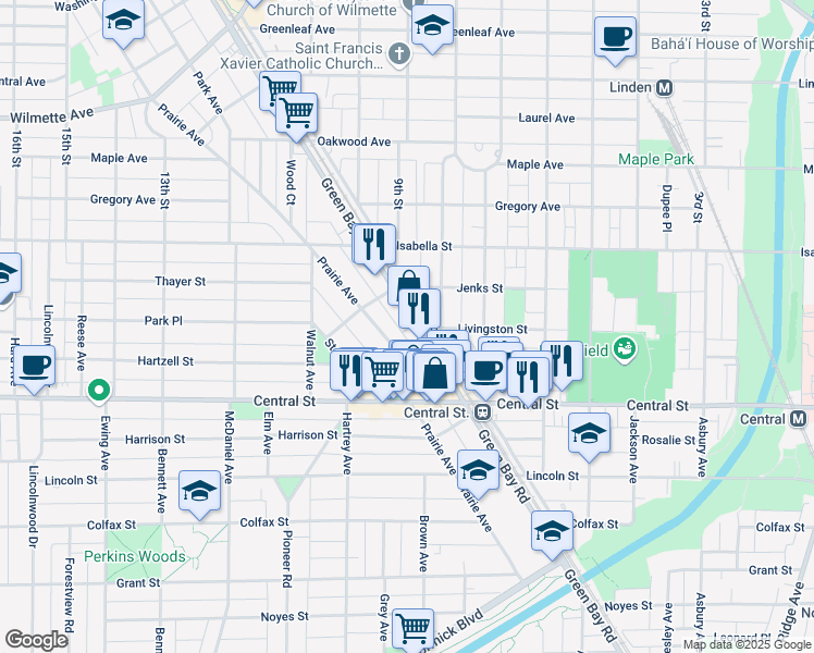 map of restaurants, bars, coffee shops, grocery stores, and more near 2658 Green Bay Road in Evanston