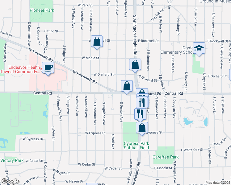 map of restaurants, bars, coffee shops, grocery stores, and more near 2 Central Road in Arlington Heights