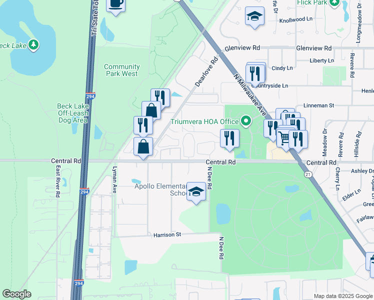 map of restaurants, bars, coffee shops, grocery stores, and more near 601 Quincy Bridge Lane in Glenview