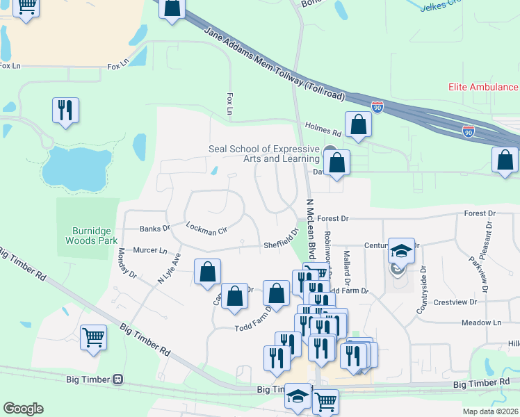 map of restaurants, bars, coffee shops, grocery stores, and more near 77 Brookwood Court in Elgin