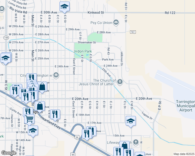 map of restaurants, bars, coffee shops, grocery stores, and more near 2249 E H St in Torrington