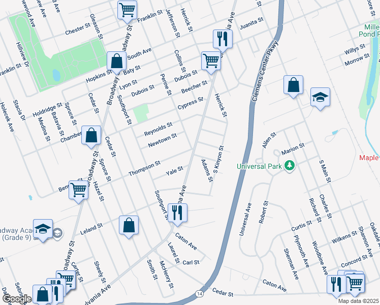 map of restaurants, bars, coffee shops, grocery stores, and more near 800 Pennsylvania Avenue in Elmira